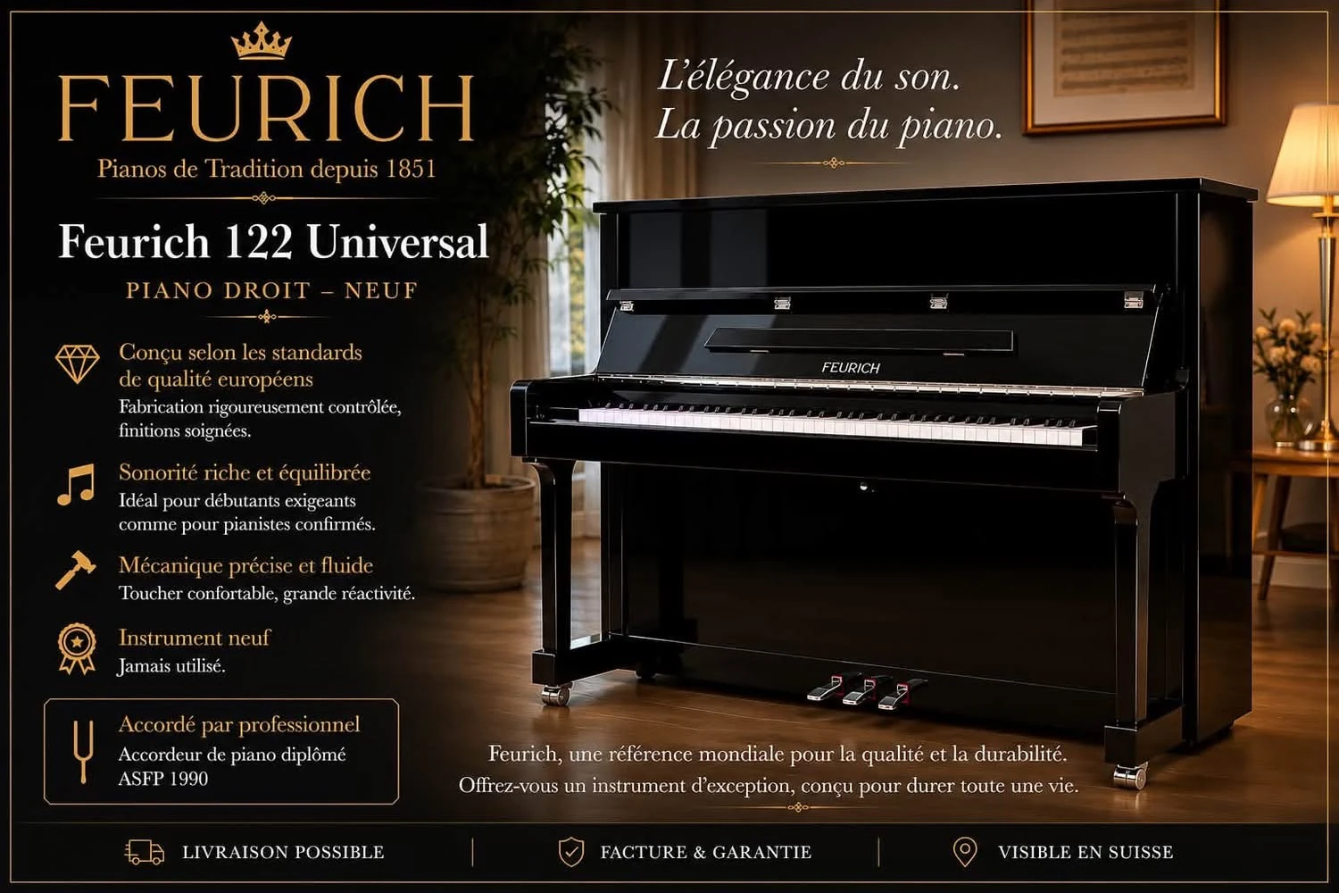 Piano droit neuf FEURICH 122 Universal noir brillant